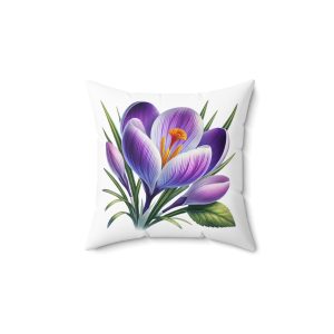 Floral Square Pillow - Botanical Home Decor with Purple Crocus Design