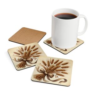 Farmhouse Wheat Corkwood Coaster Set, Rustic Home Decor, Kitchen Accessories, Gift for Hostess, Woodsy Decor